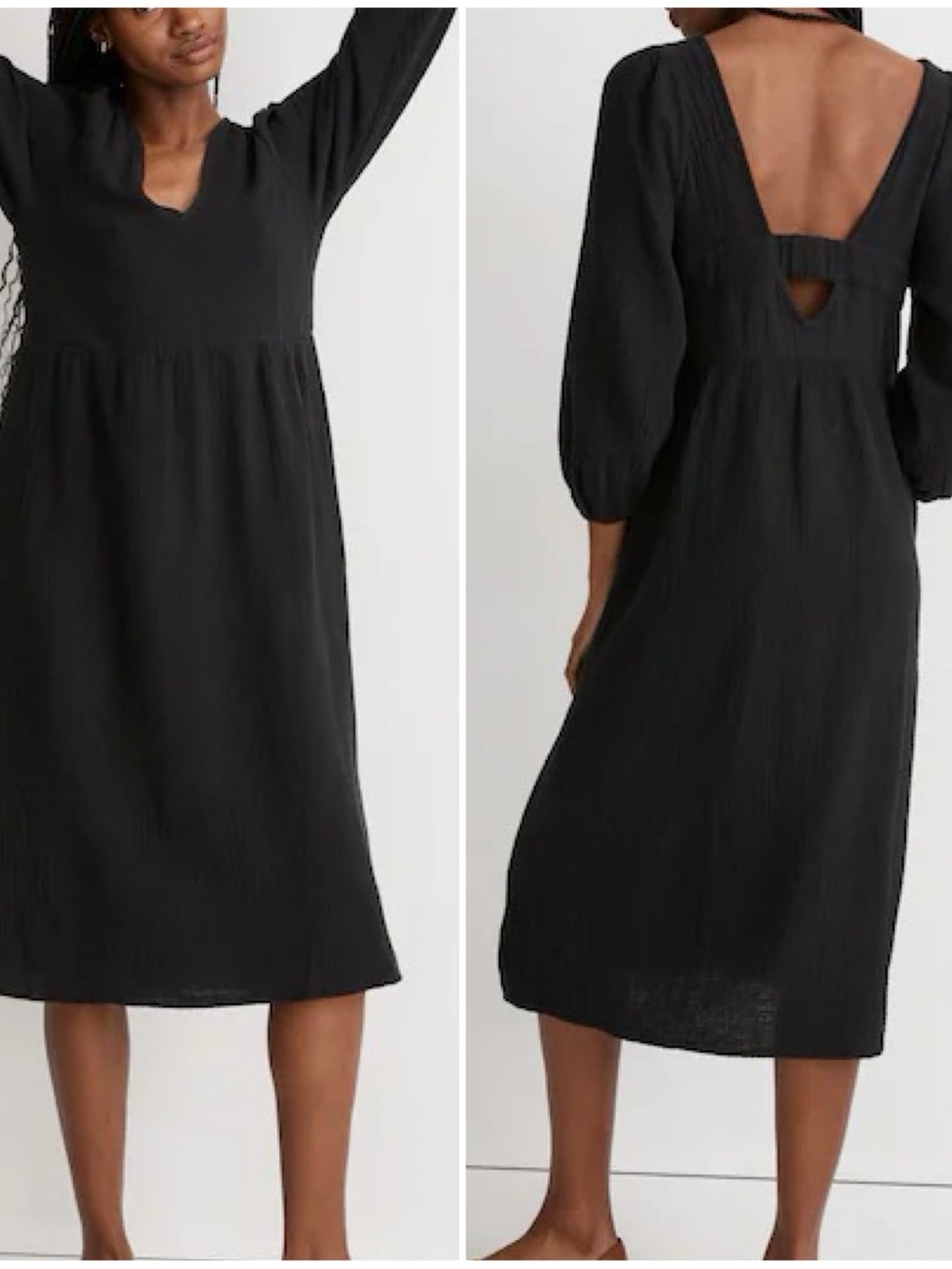 NWT Madewell 1X Lightspun Black Cotton V-Neck Puff-Sleeve Midi Dress
